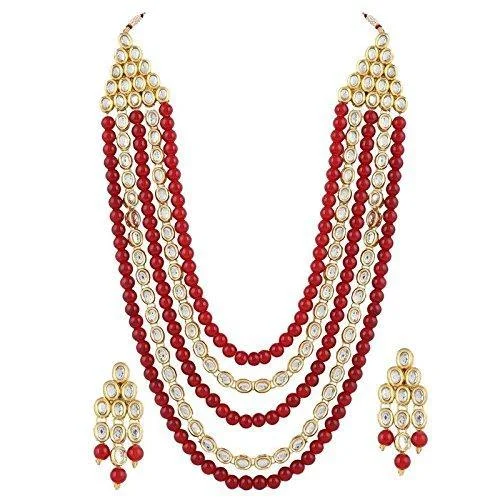 Unique Layered Necklaces-Etnico 18K Gold Plated Kundan & Pearl Beaded Multi Strand Necklace Jewellery Set For Women (IJ318M)