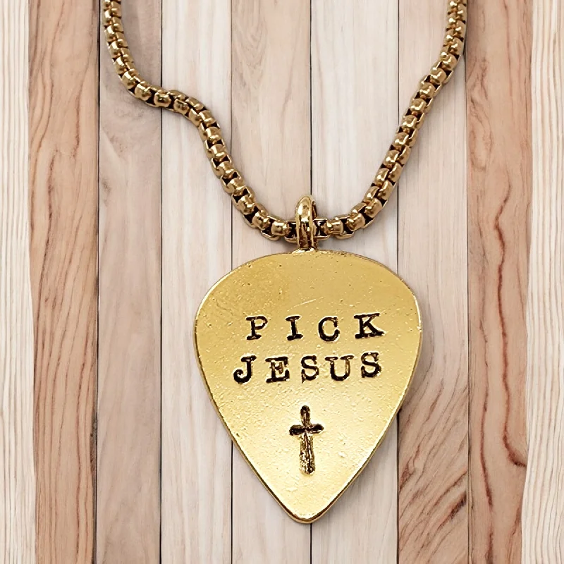 Simple Gemstone Choker Necklaces-Pick Jesus Cross Gold Metal Finish Guitar Pick Pendant Gold Finish Heavy Chain Necklace