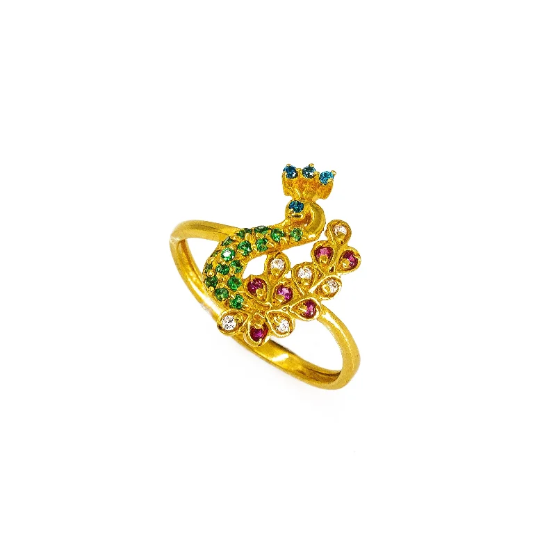 Luxury Gold Rings-22K Yellow Gold Peacock Ring W/ Belle Epoque CZ Encrusted Feather Design