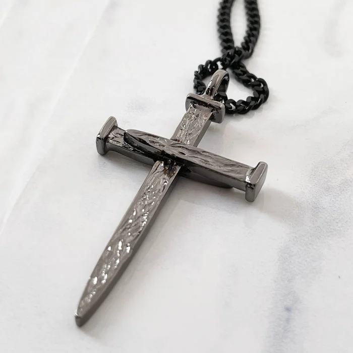 Rose Quartz Crystal Necklaces-Nail Cross Large Rugged Dark Finish Pendant Dark Chain Necklace