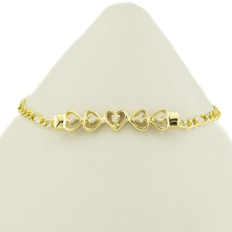 Silver and Gold Stackable Bracelets-Diamond Accented Hearts 6.5" Bracelet in 14K Yellow Gold