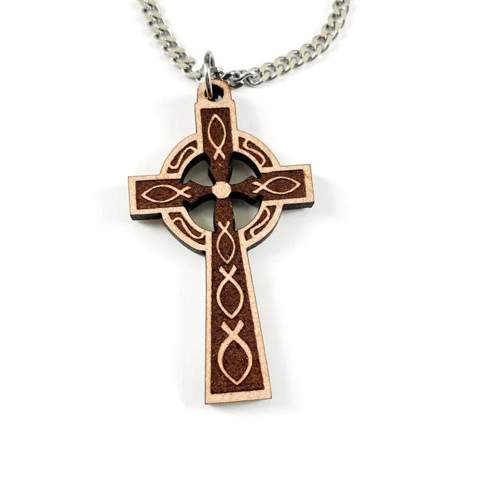 Crystal Heart Necklaces-Celtic Wood Cross Pendant Stainless Steel Chain Necklace