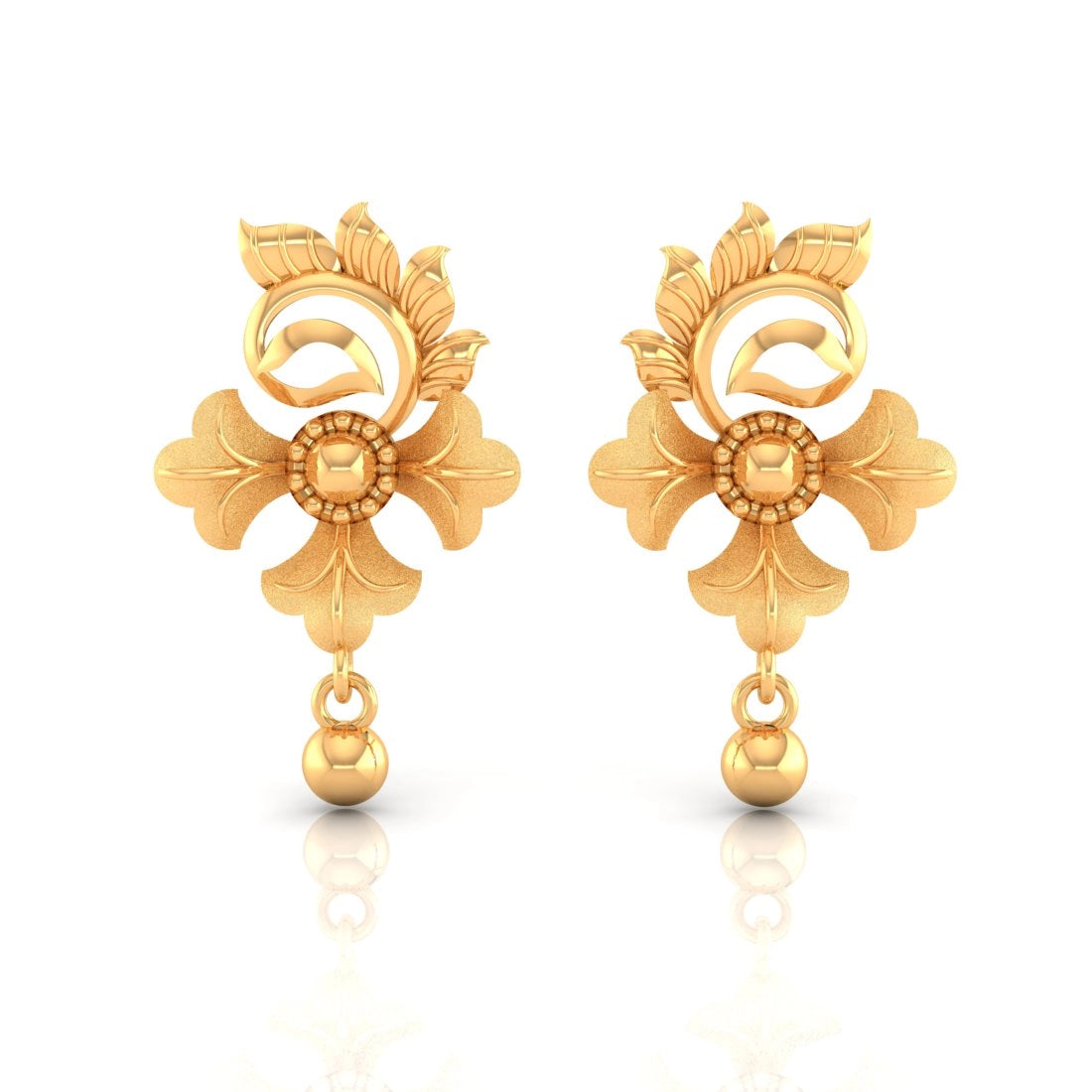 18k Gold Earrings-22KT (916) Yellow Gold Floral Drop Earrings With Ornate Design And Ball Accent