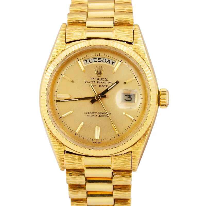 Digital Watch with Calendar-Rolex Day-Date President Champagne 36mm Bark Finish 18K Yellow Gold Watch 1803