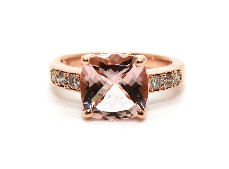 Simple Promise Rings-Cushion-cut Morganite & Diamond Statement Ring in 14k Rose Gold