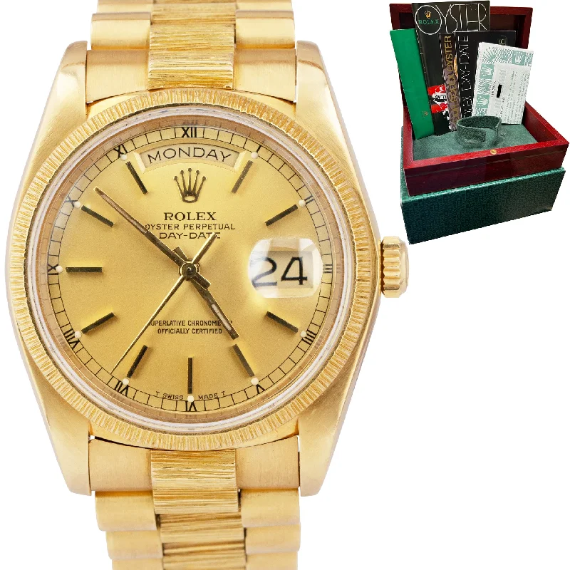 Smart Watches for iPhone Users-Rolex Day-Date President 36mm Champagne Bark 18K Yellow Gold Watch 18078 B+P