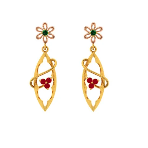 Colorful Drop Earrings-Gold Earrings With Green And Red Stones Embedded Into Feminine Design