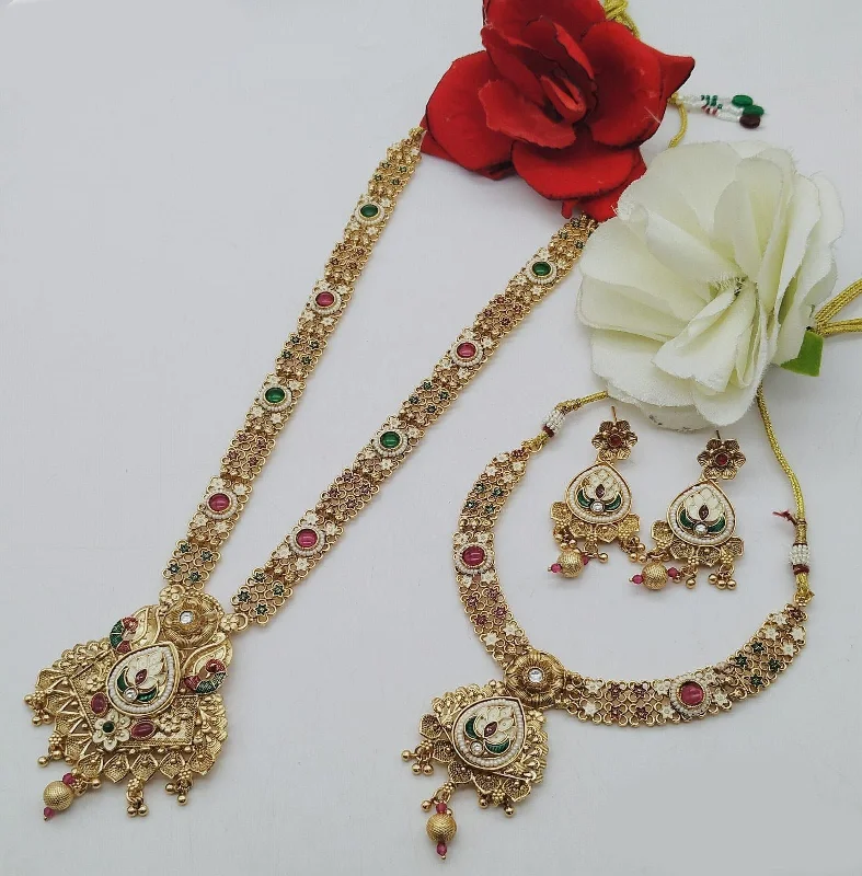 Gold Diamond Necklaces-FS Collection Gold Plated Pota Stone Double Meenakari Necklace Set