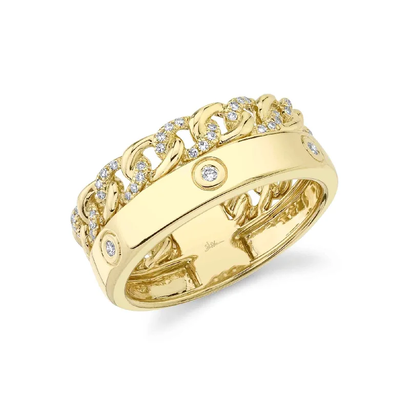 Custom Signet Rings-14K Yellow Gold Dual Round Diamond Link Design Ring