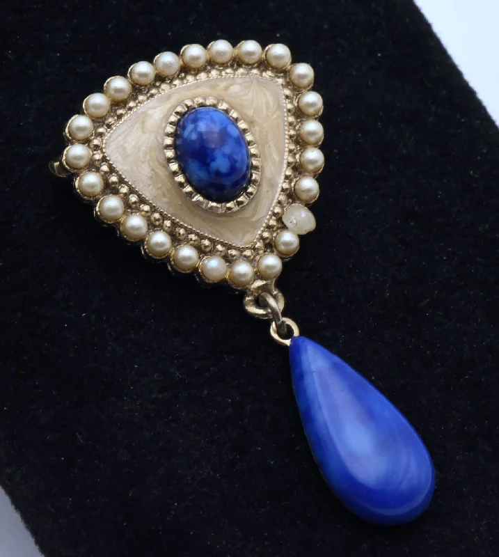 Simple Brooch with Crystal Inlay-Vintage Gold Tone Faux Pearl and Imitation Blue Stone Brooch