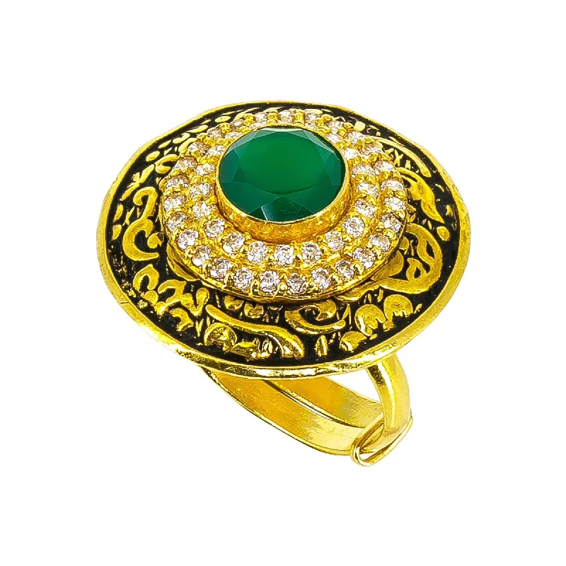 Custom Wedding Rings with Engraving-22K yellow Gold antique Ring with circle emerald stone and cubic zirconium