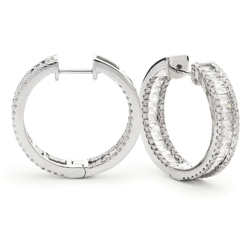 Sparkling Crystal Earrings-ROUND AND BAGUETTE CUT DIAMOND HOOP EARRINGS IN 18K WHITE GOLD