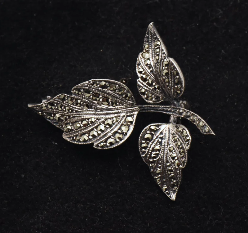 Custom Floral Brooch for Wedding-Vintage Sterling Silver and Marcasite Leaves Brooch