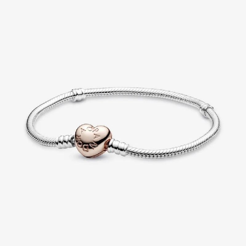 Luxury Crystal Bracelets-PANDORA : Pandora Moments Heart Clasp Snake Chain Bracelet in Sterling Silver & Rose Gold