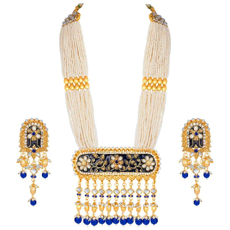 Wedding Necklaces for Brides-Etnico 18K Gold Plated Traditional Pearl Beaded Multi Strand Meena Work Long Necklace Jewellery Set & Earrings Set For Women (ML181Bl)