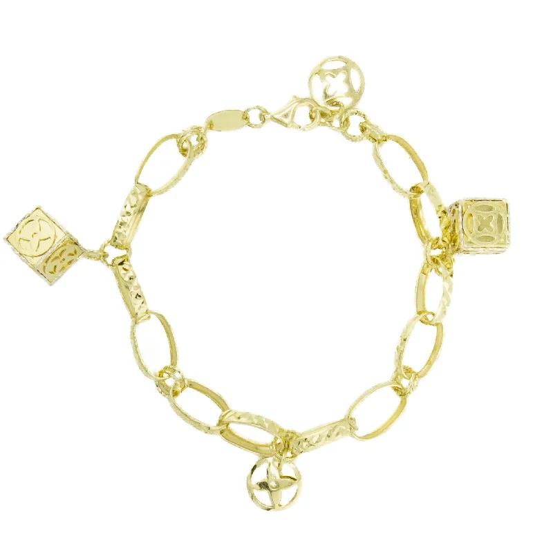 Classic Sterling Silver Bangles-Multi Charms Bracelet 8" in 14K Yellow Gold