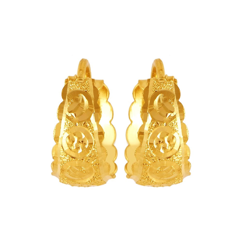 Vintage Crystal Earrings-22KT (916) Yellow Gold Floral Motif Hoop Earrings With An Elegant Carved Design