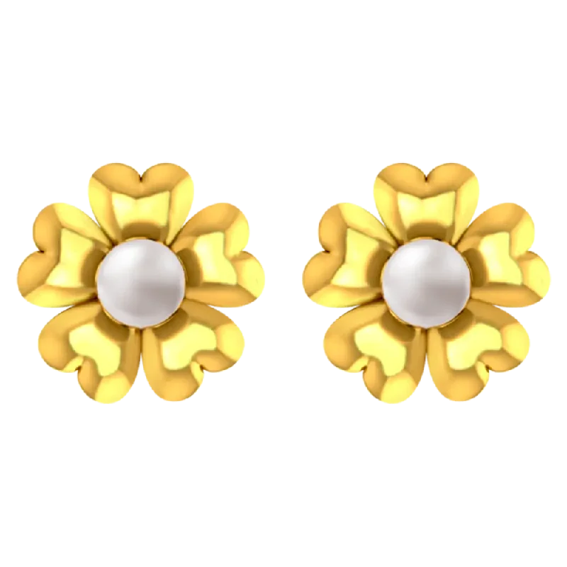 Luxury Earrings for Brides-18k Gold Earrings With A Five-petal Floral Design And A Pearl Centre