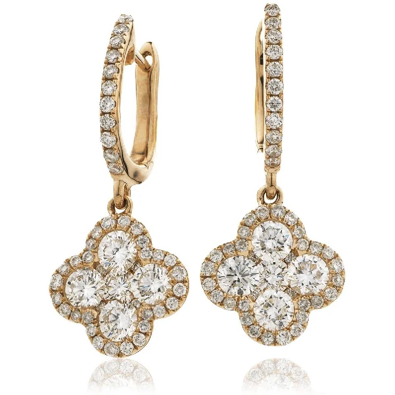 Chunky Earrings for Parties-DIAMOND CLUSTER AND HALO DROP EARRINGS IN 18K ROSE GOLD