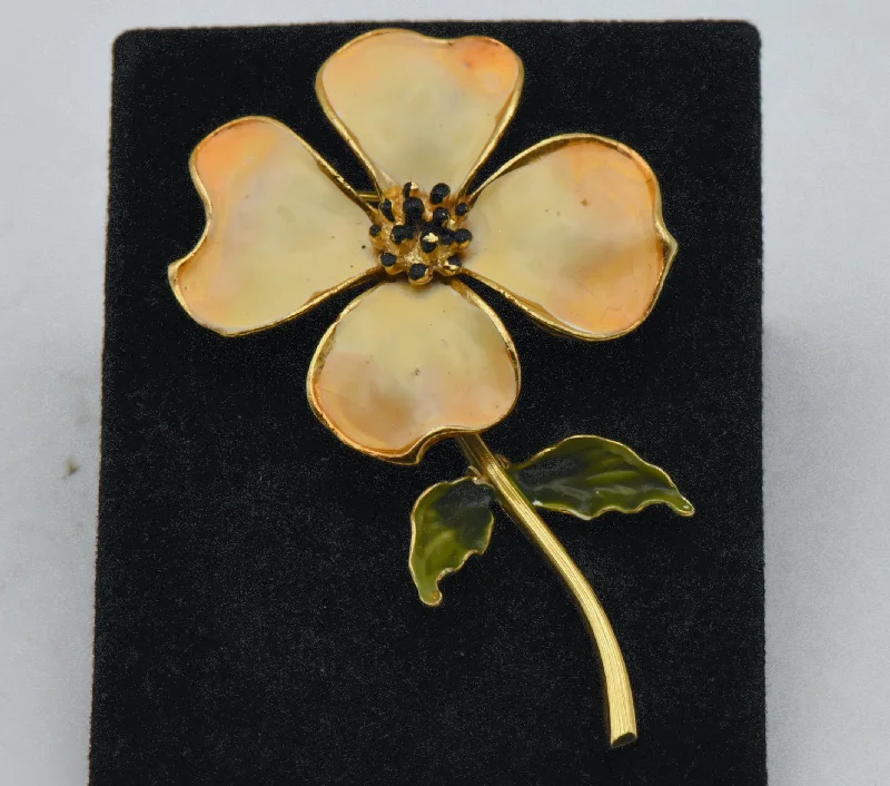 Custom Brooch for Gifts-Vintage Gold Tone Metal and Enamel Floral Brooch