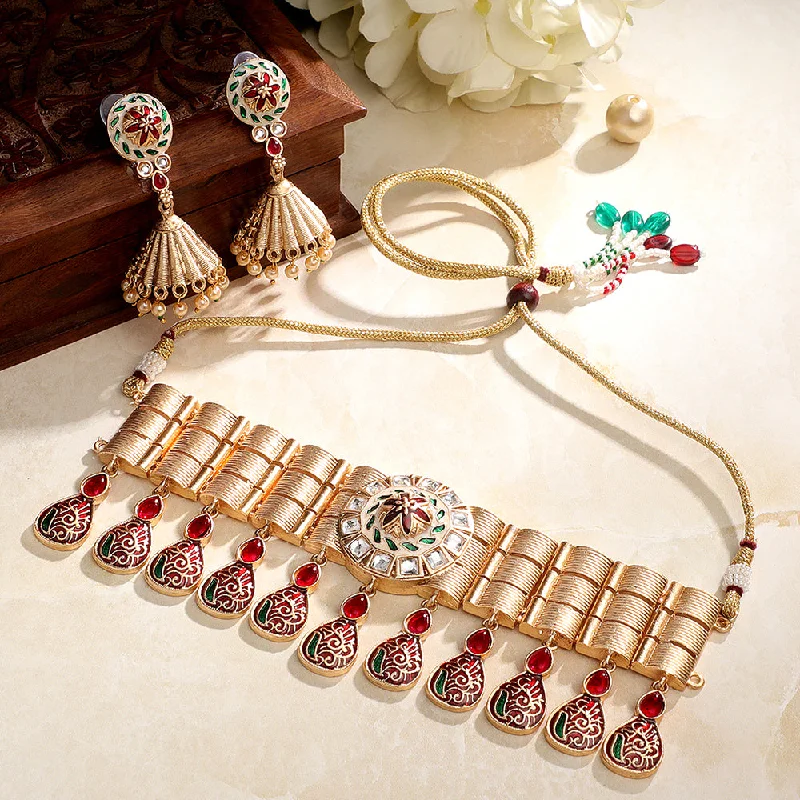 Chunky Bead Necklaces-Asmitta Kundan And Meenakari Choker Necklace Set