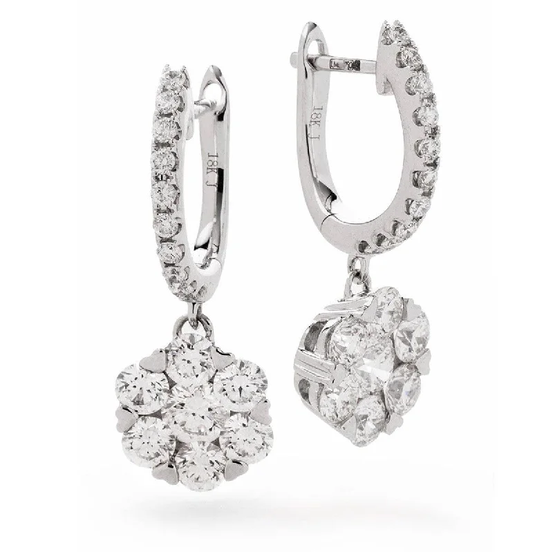 Personalized Gold Earrings-DIAMOND CLUSTER HOOP DROP EARRINGS IN 18K WHITE GOLD