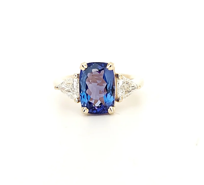 Personalized Vintage Rings-Tanzanite and Diamond Trillion Ring in 18k Yellow Gold