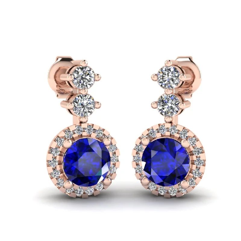 Statement Earrings for Weddings-Sapphire 1.10 Carat Round Shape Halo Natural Diamond Drop Earrings E1RBS