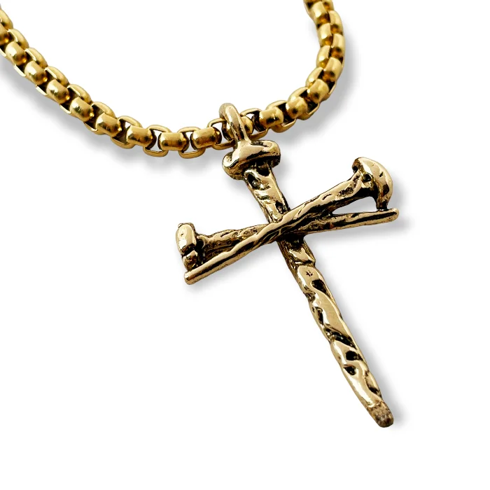 Artistic Necklaces for Women-Cross Nail Gold Finish Pendant Gold Heavy Chain Necklace