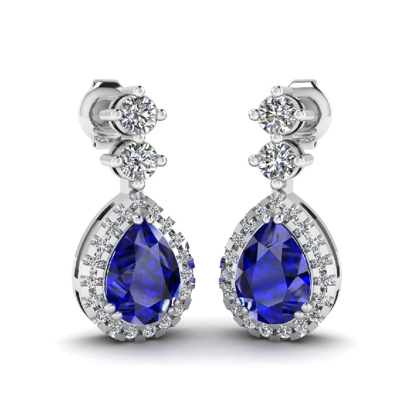 Unique Dangle Earrings-Sapphire 1.30 Carat Pear Shape Halo Lab Grown Diamond Drop Earrings E1PSS