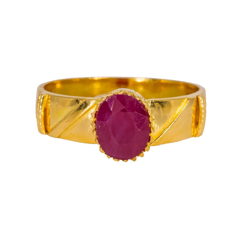 Personalized Name Rings-22K Yellow Gold Men's Ring W/ Ruby & Faceted Shank Details