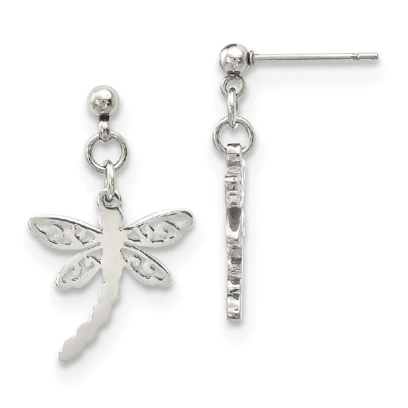 Cute Heart Earrings-Stainless Steel Polished Dragonfly Post Dangle Earrings