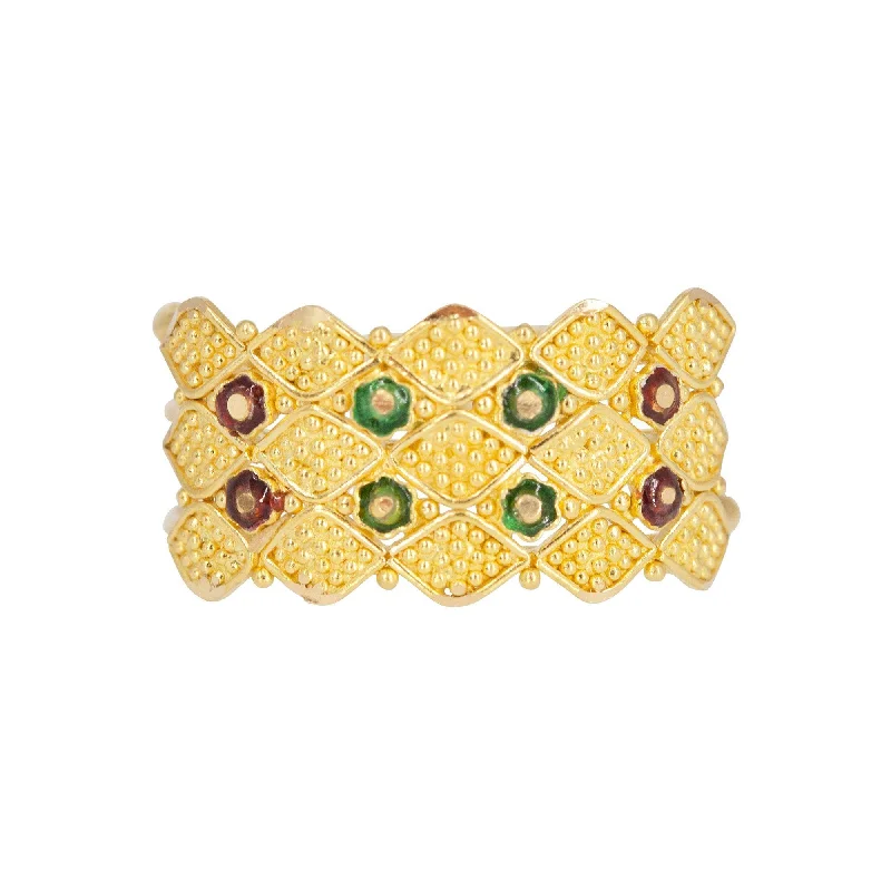 Colored Gemstone Rings-22K Yellow Gold Ring W/ Handpainted Enamel