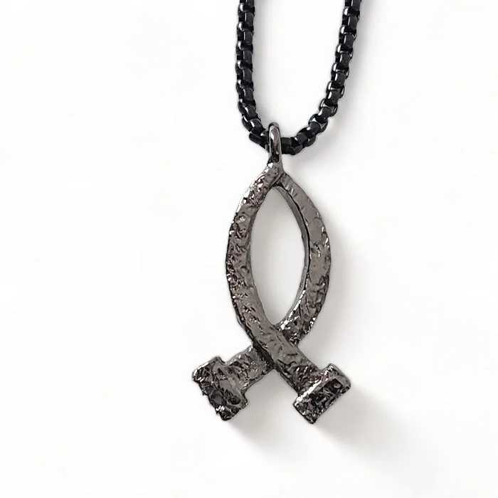 Unique Pendant Necklaces-Ichthus Dark Finish Large Fish Hammered Finish Dark Heavy Chain Necklace