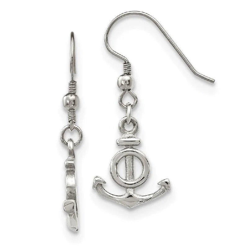 Silver Threader Earrings-Stainless Steel Polished Anchor Dangle Shepherd Hook Earrings