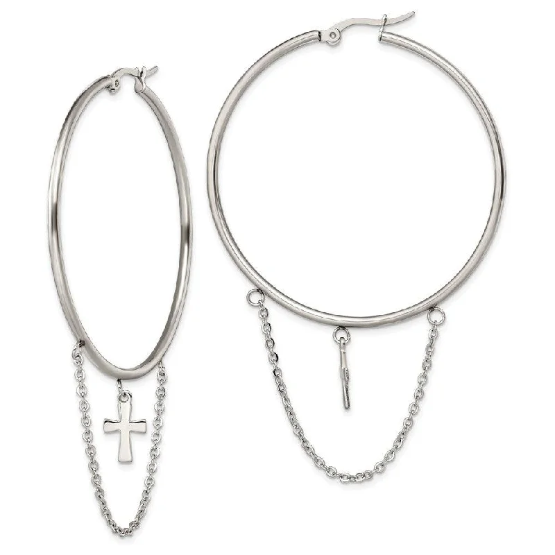 Designer Crystal Earrings-Stainless Steel Polished Cross Dangle Hoop Earrings