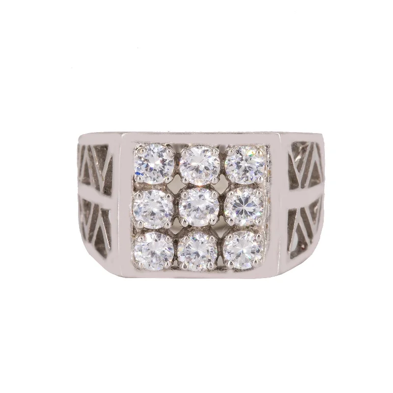 Stackable Rings for Women-22K White Gold Men's Ring W/ Cubic Zirconia & Cut Out Band