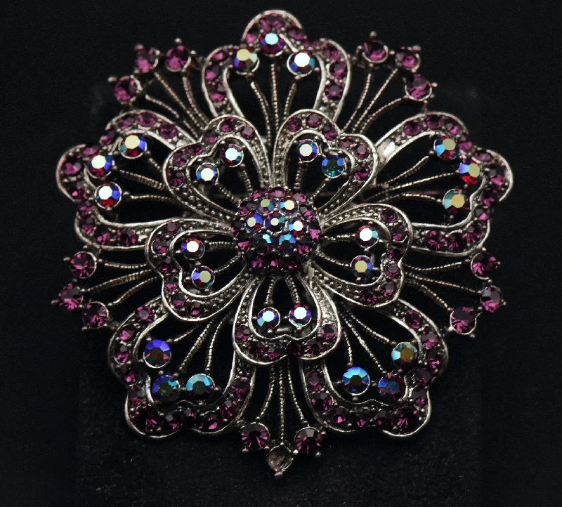 Designer Brooch with Rhinestone Embellishment-Vintage Ornate Floral Brooch