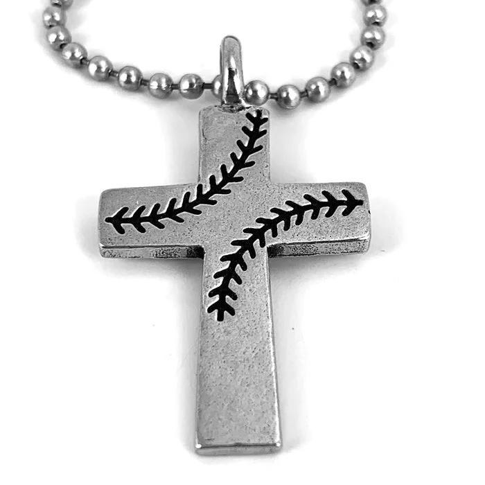 Elegant Black Necklaces-Baseball Stitch Cross Necklace on Ball Chain