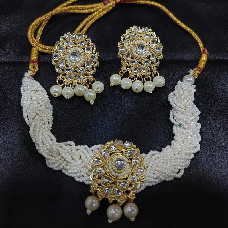 Fashionable Charm Necklaces-Lalita Creation Gold Plated Kundan And Pearl Choker Necklace Set