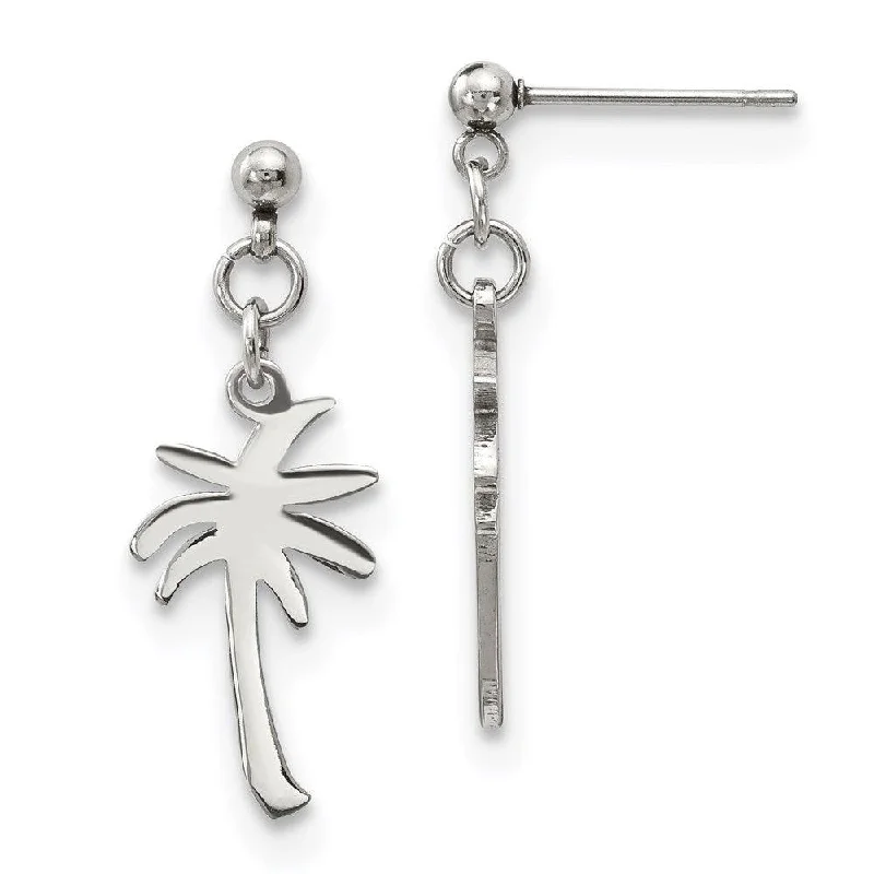 Handcrafted Silver Earrings-Stainless Steel Polished Palm Tree Post Dangle Earrings