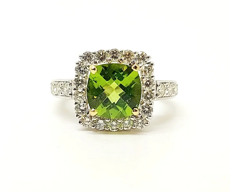 Luxury Engagement Rings for Women-Cushion-Cut Peridot Diamond Halo Cocktail Ring in 14k White Gold