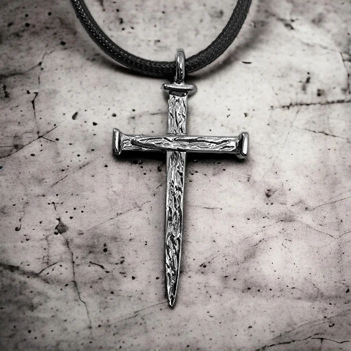 Natural Gemstone Pendant Necklaces-Nail Cross Large Rugged Dark Metal Finish Pendant Black Cord Necklace