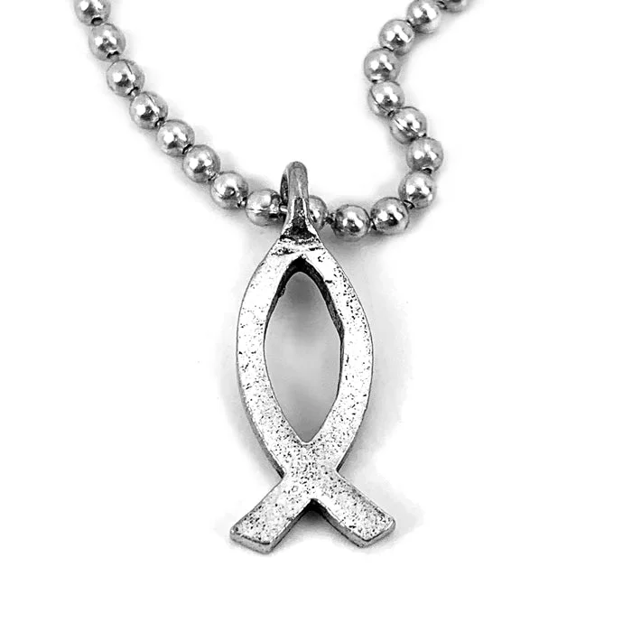 Black Onyx Necklaces-Jesus Ichthus Small Fish Ball Chain Necklace Antique Silver Finish