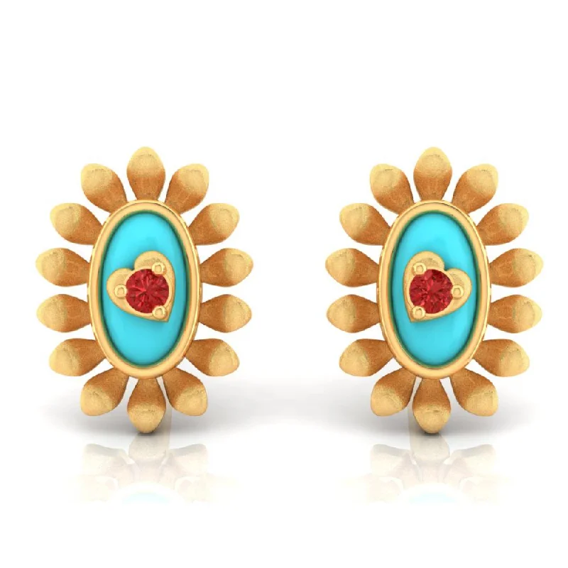 Vibrant Gemstone Earrings-18k Sunflower Designed Gold Earrings With A Heart In The Center