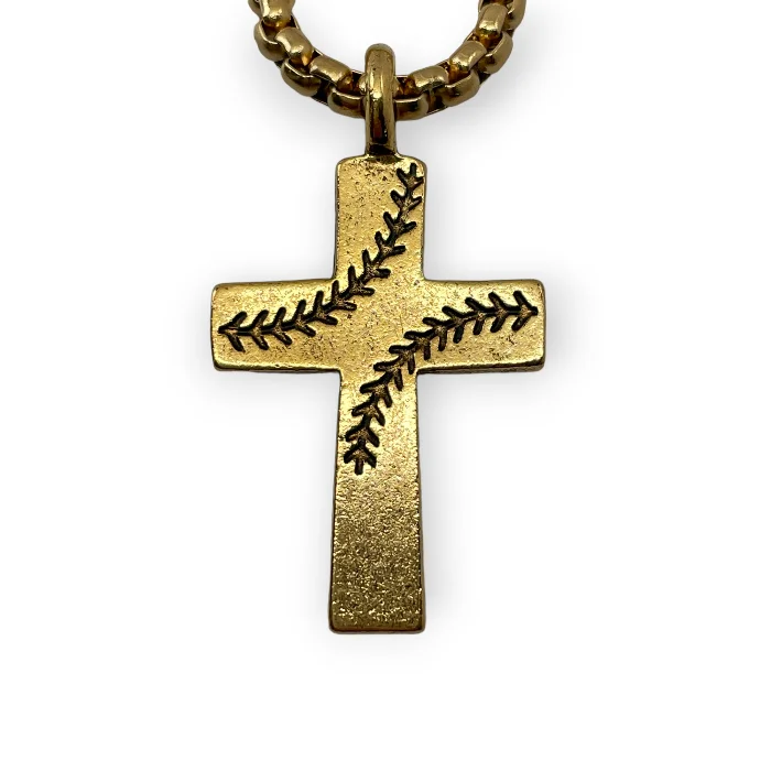 Fashionable Rope Necklaces-Baseball Stitch Cross Gold Finish Necklace on Heavy Chain