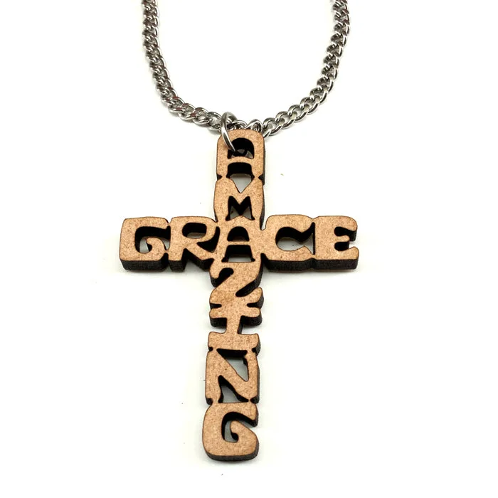 Custom Letter Necklaces-Cross Wood Amazing Grace Pendant Stainless Steel Chain Necklace