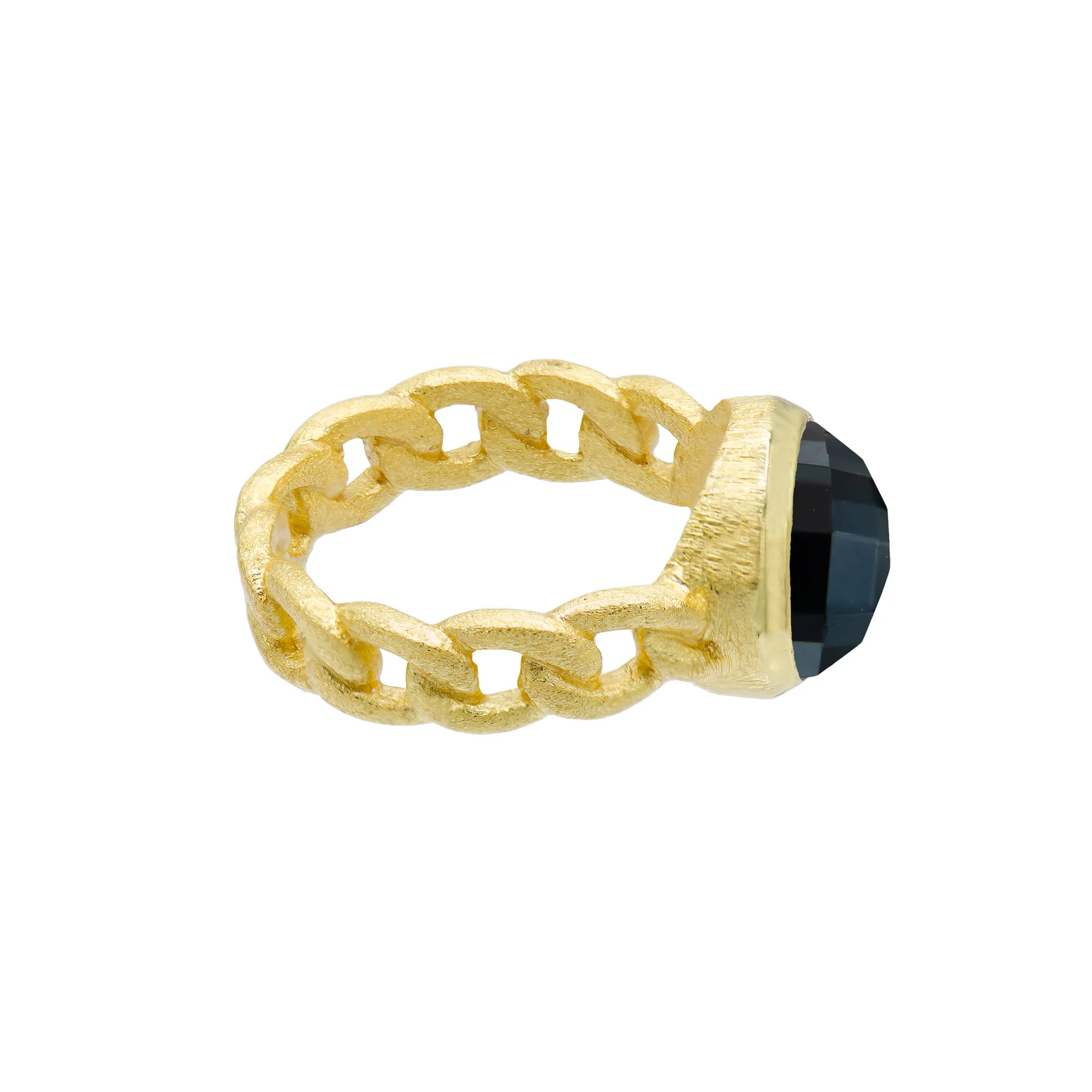 Customizable Wedding Bands-18K YG Plated Chain Ring With Dark Blue Pyrite Center Stone.