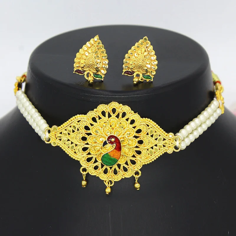 Chunky Gold Bead Necklaces-Mahavir Dye Gold Pearl Peacock Choker Necklace Set