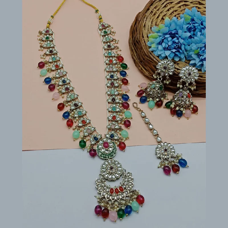 Trendy Charm Necklaces-Gehana Mahal Gold Plated Kundan Stone And Pearls Long Necklace Set